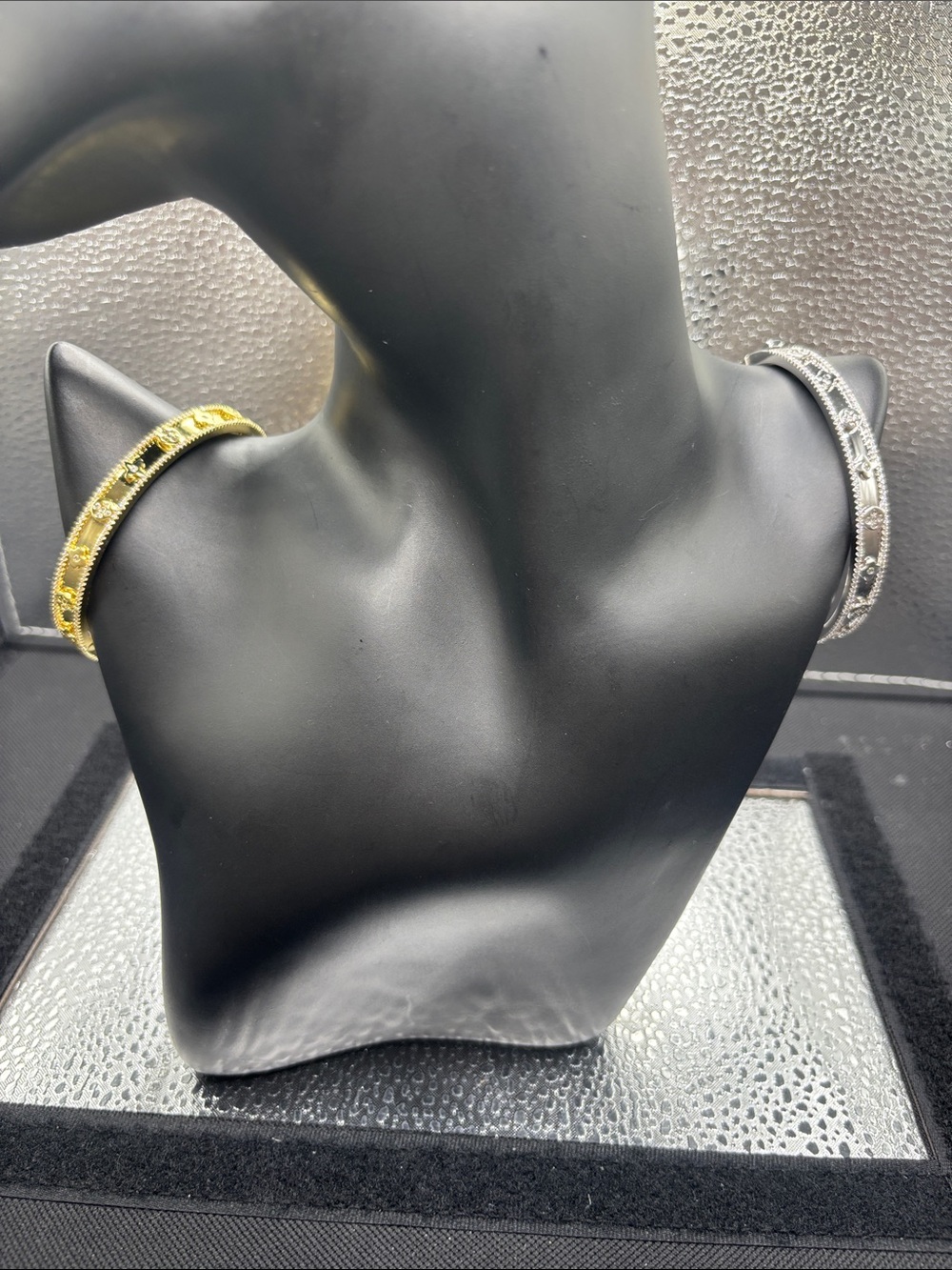 Mixed Metal CZ Hinged Bangle Set โ Gold and Silver Sparkle Bracelets